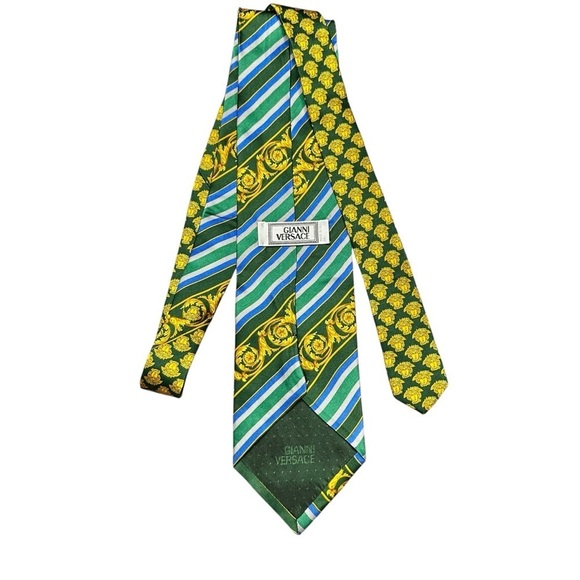 Authentic VERSACE 100% Silk Gold Blue & Green Scroll Stripe Men’s Neck Tie - Picture 4 of 8